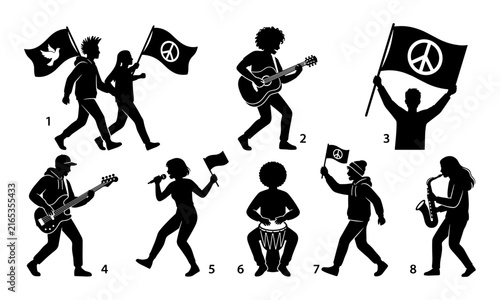 Peace and Music Silhouette Set Featuring Musicians with Instruments and Freedom Symbols