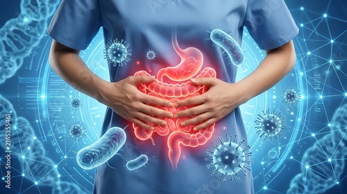 A medical professional holding their abdomen, highlighting the digestive system with surrounding bacteria and virus illustrations in a digital, scientific environment