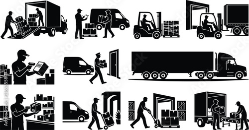 Logistics and Delivery Silhouette Set Showing Warehouse, Transport, and Package Handling Operations