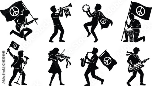 Peace and Music Silhouette Set Featuring Musicians with Instruments and Freedom Symbols