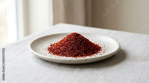 A small pile of dry colorful spices and herbs on a simple ceramic plate. Korean chili powder