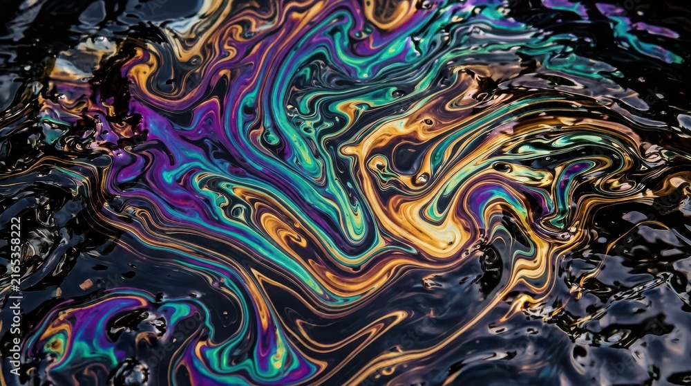 Naklejka premium Abstract oil slick surface showing iridescent colors creating beautiful organic patterns, symbolizing environmental impact and pollution from industrial waste.