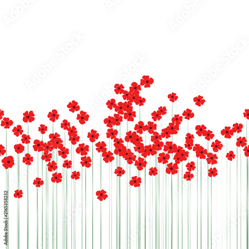 Red poppy flowers vector seamless border featuring delicate red blossoms on v...