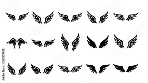 さまざまな黒いシルエットの天使と鳥の翼のコレクション