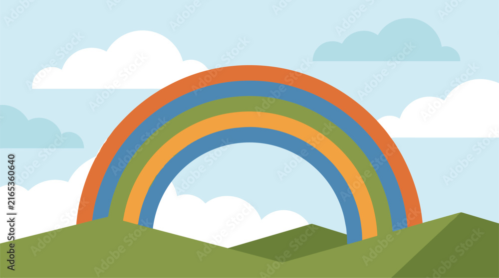 Fototapeta premium Vibrant rainbow arching over green hills with fluffy clouds in a clear blue sky, flat design illustration