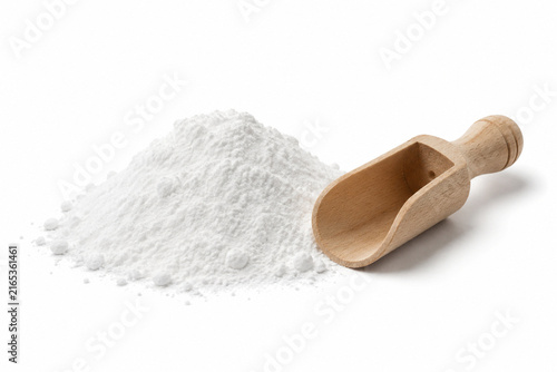 Baking Soda Powder with Wooden Scoop Isolated on White