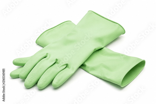 Pale Green Rubber Cleaning Gloves Isolated on White