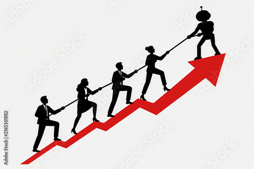 AI support, business success, robot pulling corporate team climb up on a red line graph with an upwards arrow, growth, increase trend, digital transformation, smart technology, artificial intelligence
