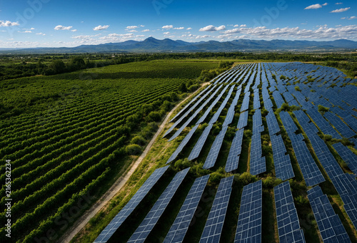 Solar Energy Array at Dawn: An expansive solar panel array captures the golden hues of dawn, symbolizing sustainable energy and environmental responsibility.