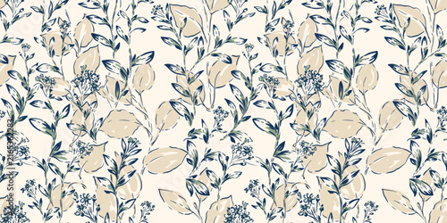 Seamless  botanical pattern with delicate blue branches, leaves and beige foliage on a warm cream background. Perfect for textiles, wallpaper, stationery and packaging