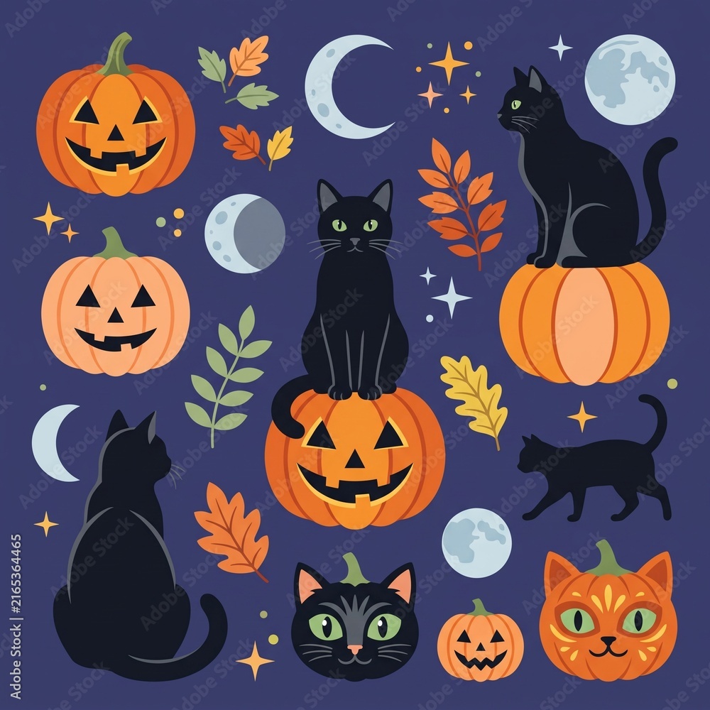 Fototapeta premium generative AI content of halloween seamless pattern with pumpkins and cats
