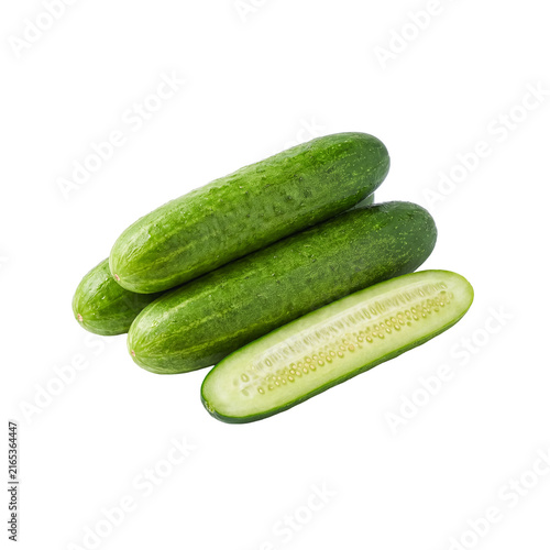 Foto Fresh green cucumbers and a sliced half isolated on white