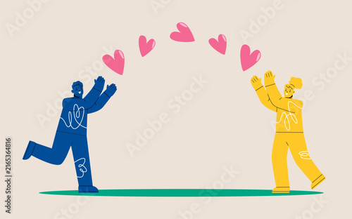 Man and woman giving heart signs to each other. Colorful vector illustration