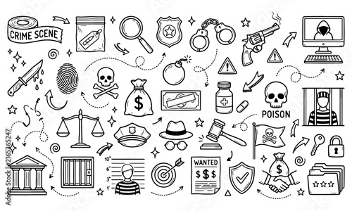 Crime and justice doodle set with police badge handcuffs magnifying glass gavel and legal symbols crime doodles handcuffs vector detective icons law elements prison sketch