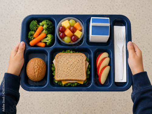 School Lunch Tray with Sandwich, Fruit and Vegetables