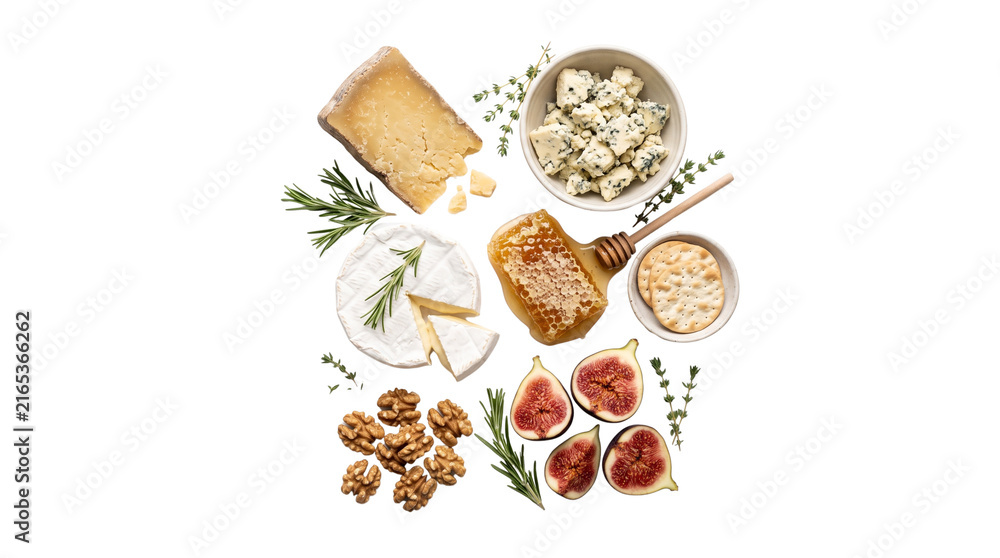 Fototapeta premium Gourmet cheese platter assortment, artisanal charcuterie board ingredients with figs and honey, rustic appetizer snack set isolated PNG with Transparent Background