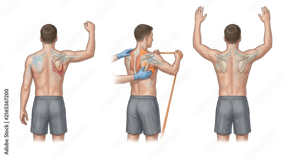 Obraz premium Illustration of shoulder muscles and physical therapy exercises for rotator cuff rehabilitation