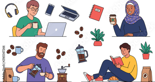 Freelancers Working and Relaxing with Coffee Element Set