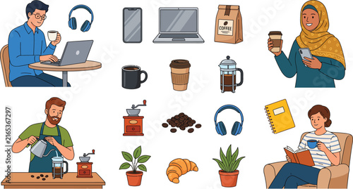 People Enjoying Coffee and Workspace Elements Vector Set