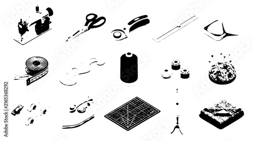 Foto Tailoring and sewing equipment icons, 15 black silhouette vector elements, dress