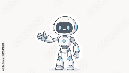 Cute Cartoon Robot Character with White and Blue Colors Waving Hand Friendly AI Mascot
