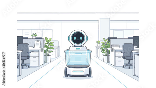 Cute Service Robot in Modern Office Corridor with Desks and Plants