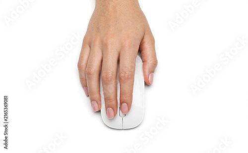 Female hand using white wireless mouse clicking isolated on white background.3D render