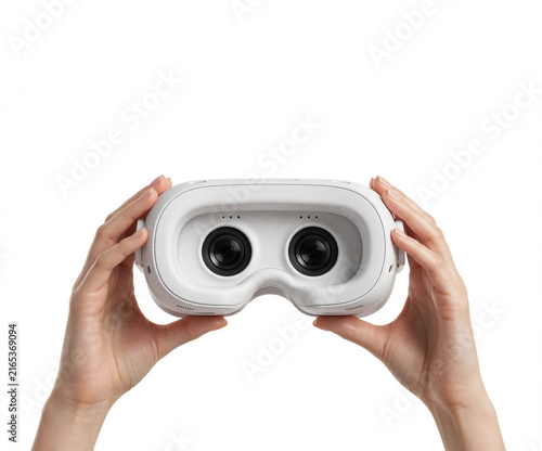 Woman hands holding white VR headset virtual reality isolated on white background, 3D render
