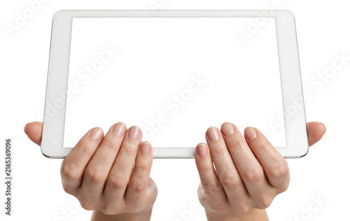 Woman hands holding white tablet horizontal mockup isolated on white background.3D render