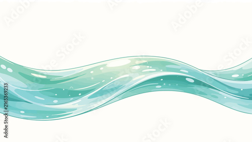 Serene flowing teal water wave with glossy highlights and bubbles on white background
