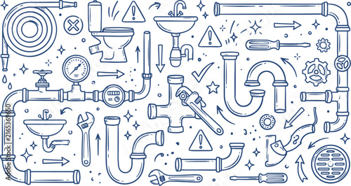 Hand drawn plumbing doodles set featuring pipes faucets sinks wrenches and repair tools water pipes sink fixtures adjustable wrench screwdriver icon toilet sketch drain pipe equipment