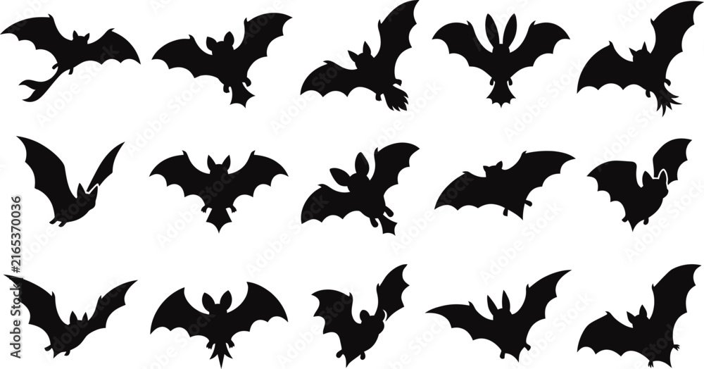 Fototapeta premium Set of black bat silhouettes for a creative halloween vector bundle design project featuring various flying bat poses