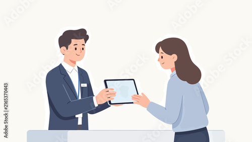 Professional Businessman in Suit Handing Digital Tablet to Woman at Counter