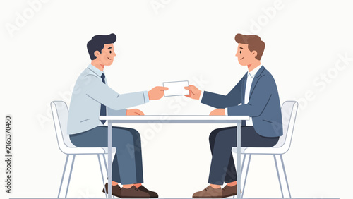 Business professionals exchanging business cards across a table in minimalist flat vector illustration style.