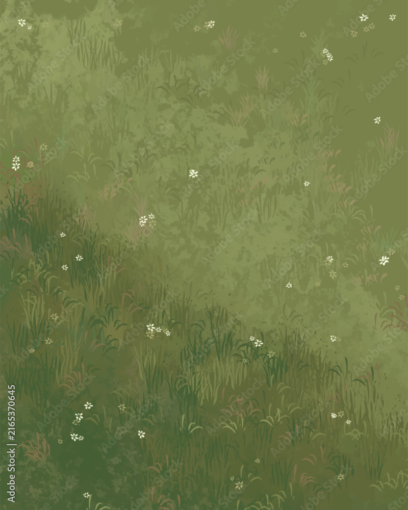 Fototapeta premium Hand Drawn Green Meadow White Wildflowers Top View Vector Background Illustration