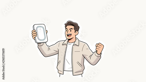 Excited cartoon man holding up a white electronic device with one hand while pumping his other fist in