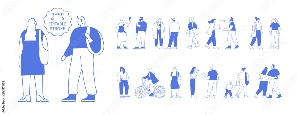 Naklejka premium Vector people silhouette outline bundle with editable stroke for easy editing. Line art crowd of men, women and children outdoors, isolated on white background