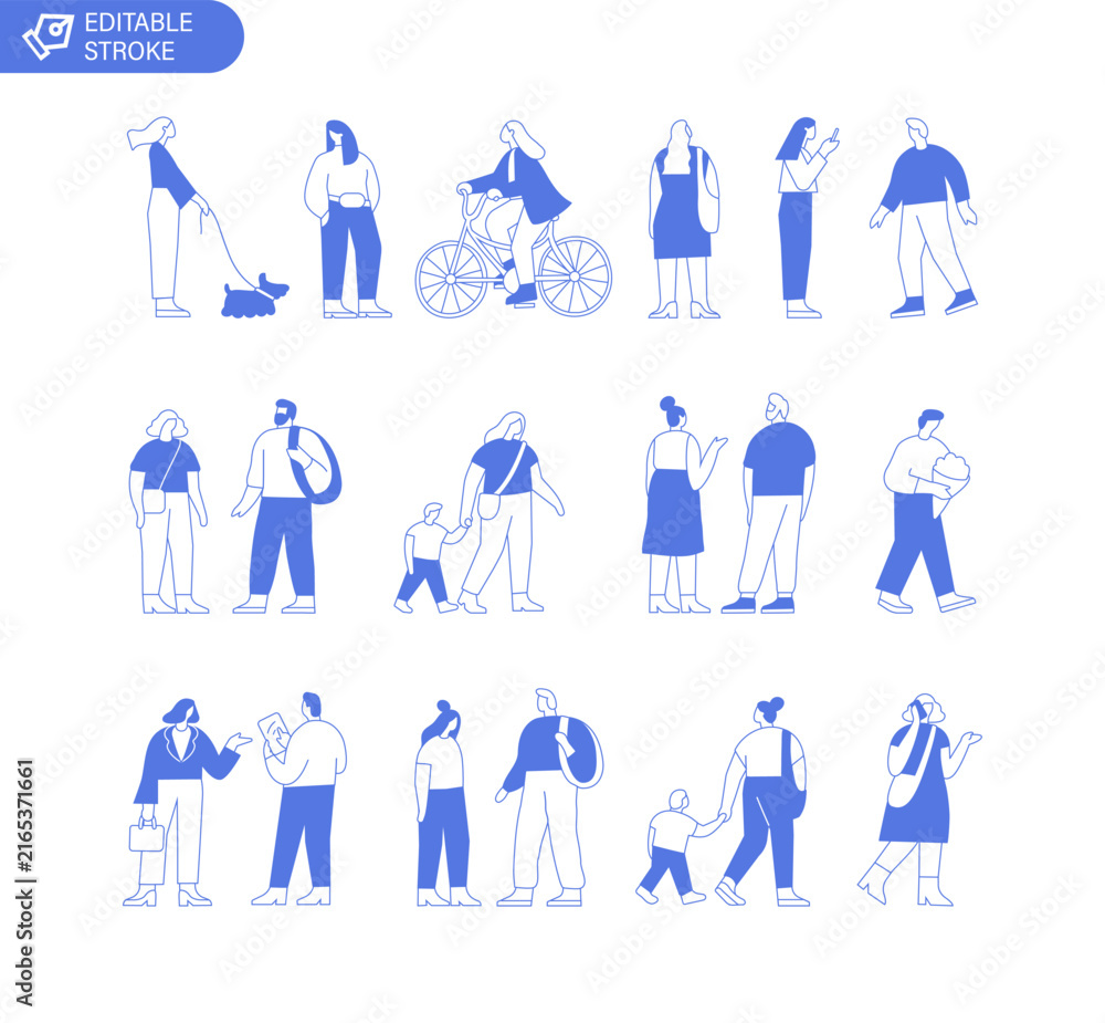 Fototapeta premium Vector people silhouette outline style bundle with editable stroke for easy edit. Line art people crowd. Men and women, kids outdoor isolated on white background