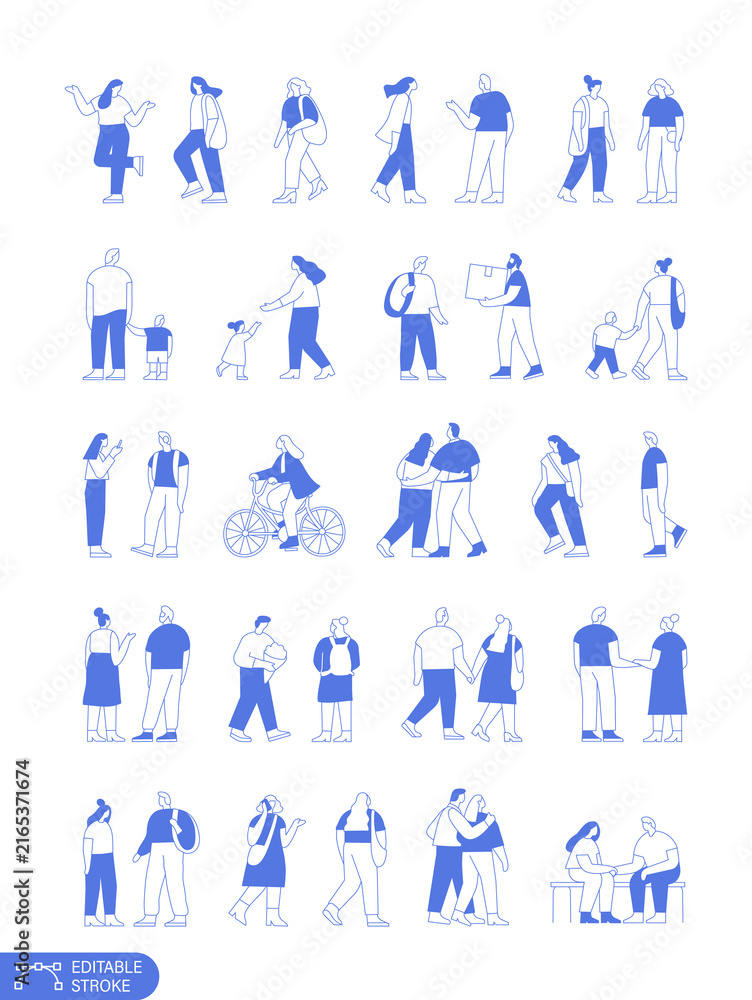 Fototapeta premium Vector people silhouette outline style large bundle with editable stroke for easy edit. Line art people crowd. Men and women, kids outdoor isolated on white background