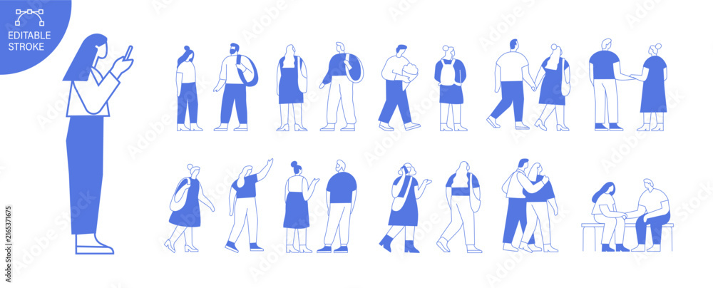 Naklejka premium Vector people silhouette outline bundle with editable stroke for easy editing. Line art crowd of men, women and children outdoors, isolated on white background
