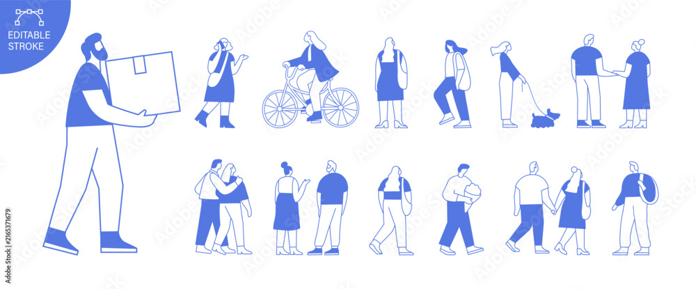 Fototapeta premium Vector people silhouette outline bundle with editable stroke for easy editing. Line art crowd of men, women and children outdoors, isolated on white background
