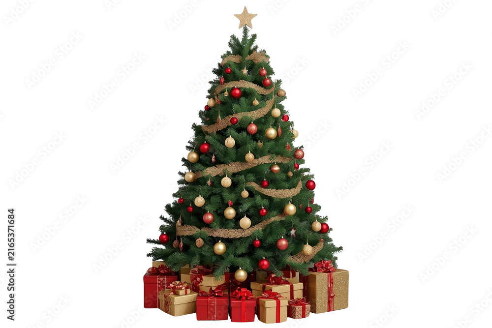 Naklejka premium Festive Christmas tree with gold garland ornaments and presents