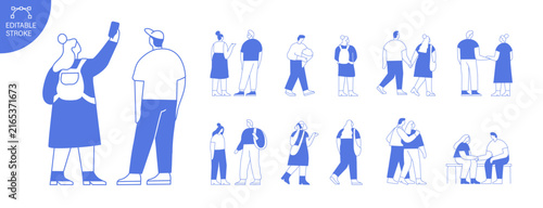 Vector people silhouette outline bundle with editable stroke for easy editing. Line art crowd of men, women and children outdoors, isolated on white background