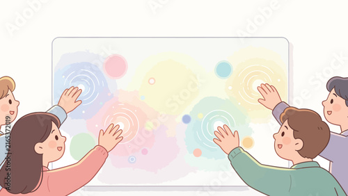Happy cartoon people interacting with a glowing digital touch screen board filled with colorful bubbles and