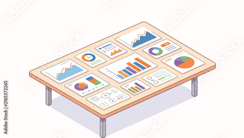 Isometric illustration of colorful business data charts and graphs arranged on a wooden table surface.