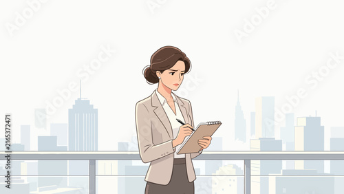 Professional businesswoman writing notes on a clipboard while standing on a balcony overlooking a hazy city