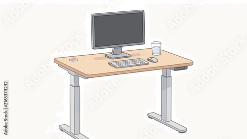 Modern Adjustable Height Standing Desk with Computer Monitor, Keyboard, Mouse and Water Glass on Wooden Top
