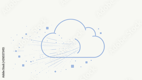 Abstract blue and purple cloud with digital data stream lines, geometric shapes, soft gradient background