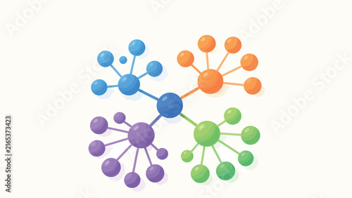 Colorful 3D Molecular Network Structure with Central Hub and Radiating Spheres