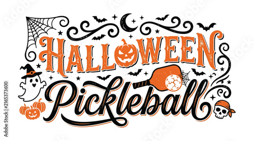 Halloween pickleball spooky season vector illustration with paddle and pumpkin typography graphic